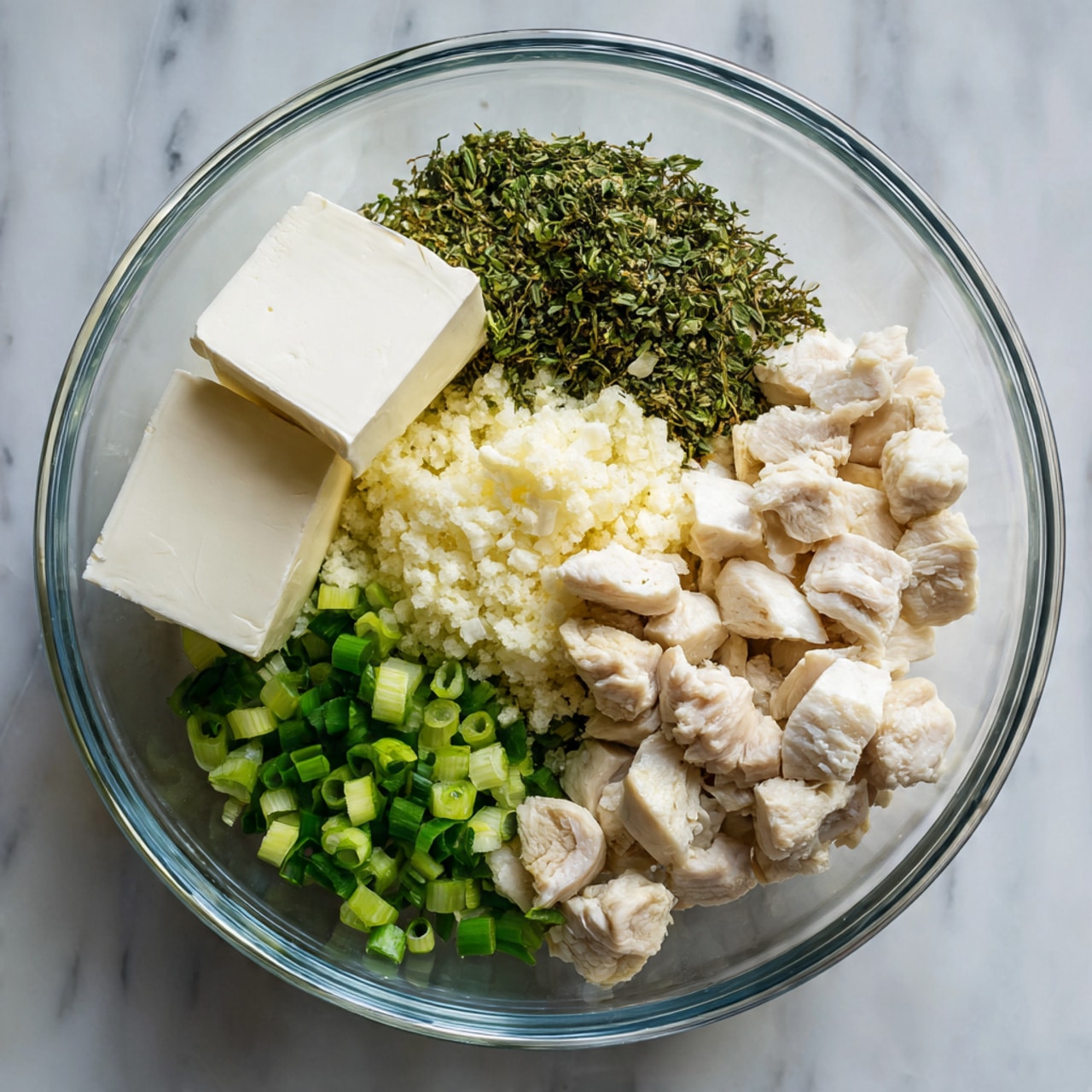 A clear glass bowl sits on a white marbled surface, filled with several ingredients separated into sections. The largest portion is diced white chicken pieces, positioned to the right side of the bowl. Above the chicken is a pile of dried green herbs, and right beside them is a small mound of finely grated white cheese. To the left of the chicken is a thick square block of white cream cheese. Below it, closer to the bottom left of the bowl, is a group of chopped green onions with their bright green shades. In the center of the bowl between the chicken and onions is a portion of minced garlic with a pale yellow color. The image captures a top view of the bowl. Photo taken with an iphone --ar 4:5 --v 7