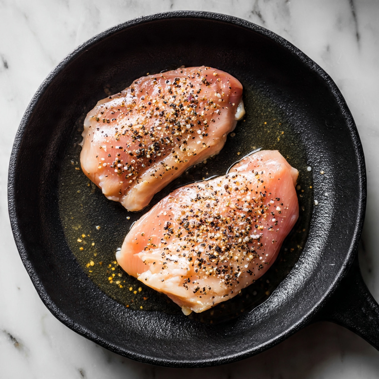 Two raw chicken pieces lay flat in a black cast iron pan. Each piece is light pink with a slight shine from oil, and they are sprinkled with coarse black pepper and salt, giving a speckled dark and white contrast on the light pink meat. The pan has a small pool of oil that reflects light, adding a wet look to the surface beneath the chicken. The background shows a white marbled texture around the pan. photo taken with an iphone --ar 4:5 --v 7