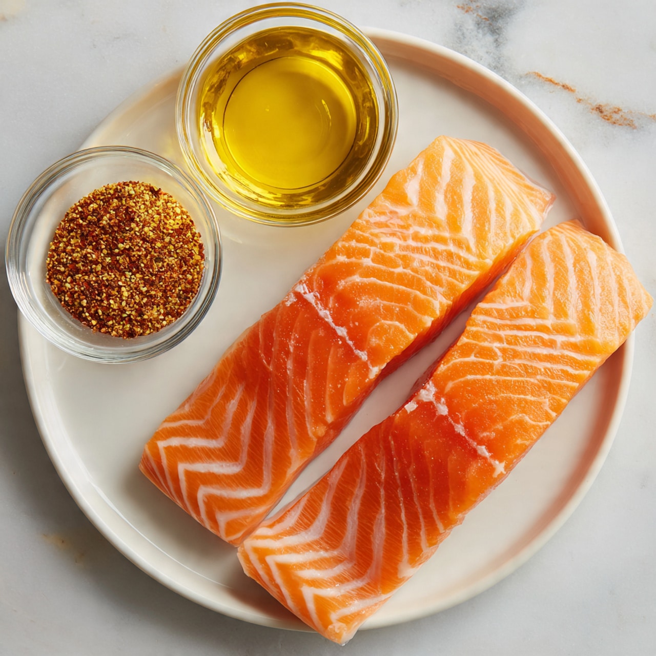 The image shows two raw salmon fillets with a bright orange color and white fat lines placed side by side on a white plate. Above the plate, there are two small glass bowls on a white marbled surface, one filled with golden yellow oil and the other with reddish-brown spices. The light is soft, and the background is clear, making the rich colors of the salmon and the ingredients stand out. The photo taken with an iphone --ar 4:5 --v 7