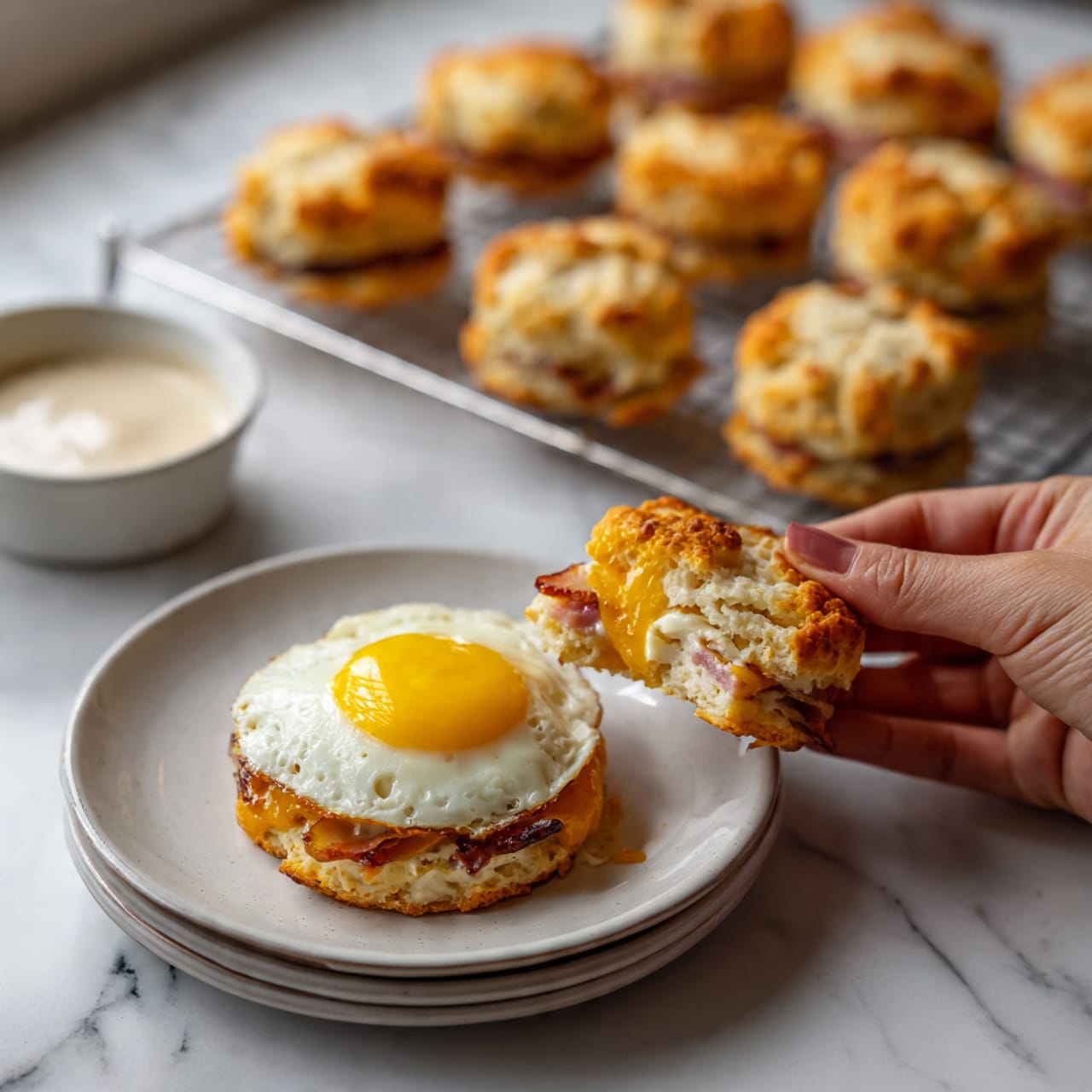 A white round plate on a white marbled surface holds an open biscuit sandwich with a crispy golden biscuit top layer and a soft biscuit bottom layer. Between the layers is a cooked sunny-side-up egg with a bright yellow runny yolk and white cooked edges. Behind the plate, a cooling rack with several biscuit halves stacked with melted light orange cheese and bits of ham are visible. A small white bowl with a creamy white sauce sits next to the rack. A woman's hand gently holds one of the biscuit halves on the rack. Photo taken with an iphone --ar 4:5 --v 7