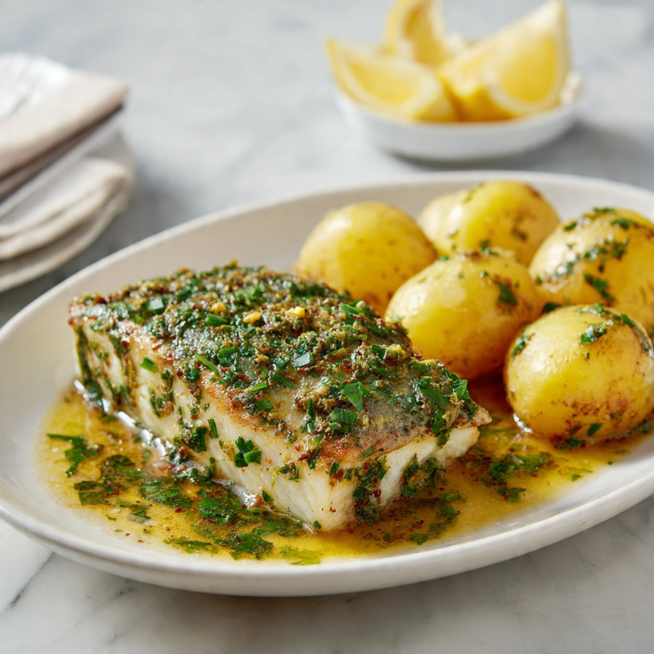 A white oval plate on a white marbled surface holds a piece of cooked fish fillet covered with chopped green herbs and a light brown sauce that shines with oil. Beside the fish, there are three peeled yellow potatoes arranged in a line on the right side of the plate. In the background, there is a small white dish with lemon wedges. The whole image is clear and bright. photo taken with an iphone --ar 4:5 --v 7