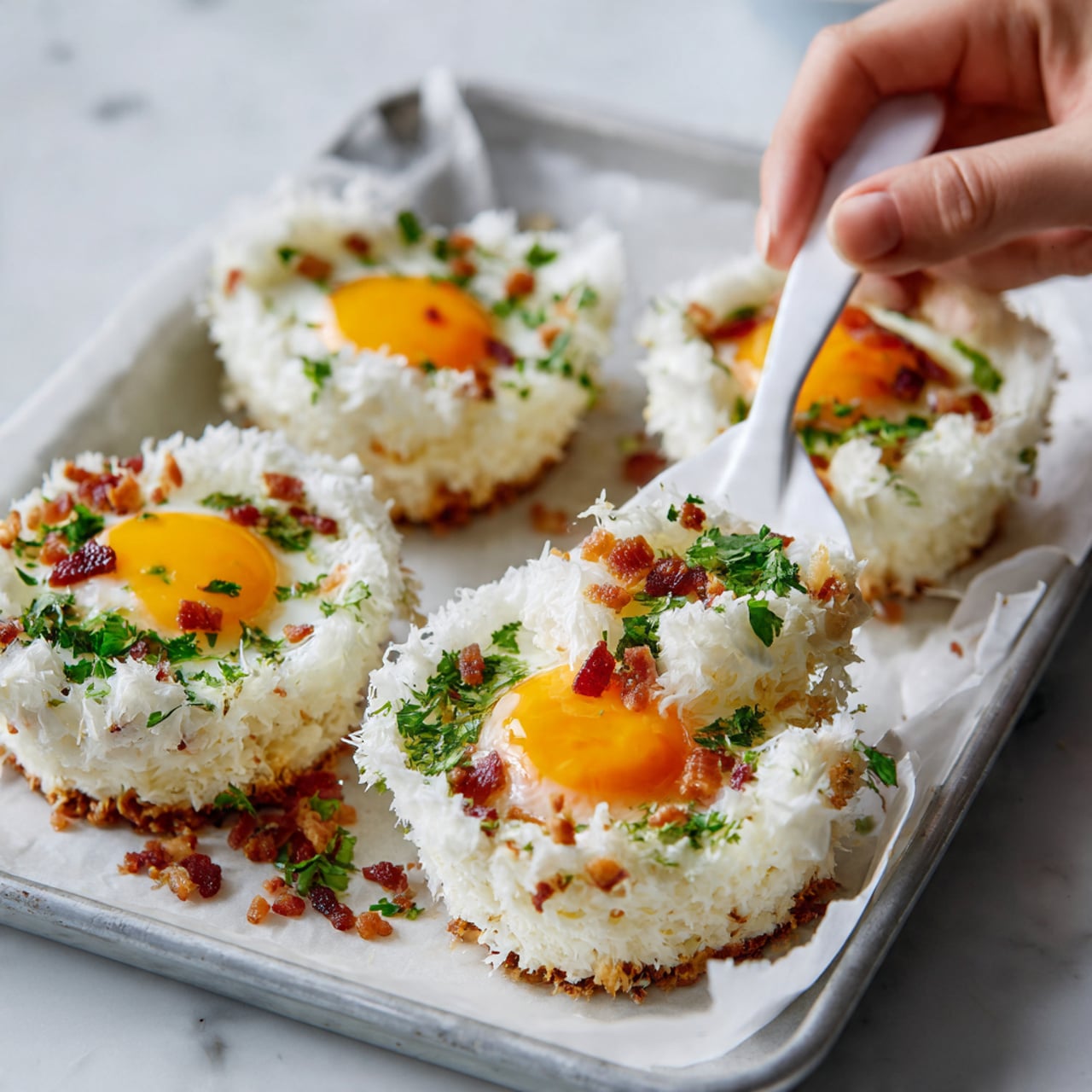 The image shows four cloud egg nests on a white baking tray lined with parchment paper, placed on a white marbled surface. Each nest has a fluffy white egg white base with a soft, lumpy texture, surrounding a bright orange yolk in the center. Small green herb pieces are sprinkled on the white egg white layers, adding color contrast. Tiny crispy bacon bits are scattered around and inside the nests, giving a touch of brown and red tones. One woman's hand reaches in from the right side, holding a white spatula about to lift one of the nests. Photo taken with an iphone --ar 4:5 --v 7
