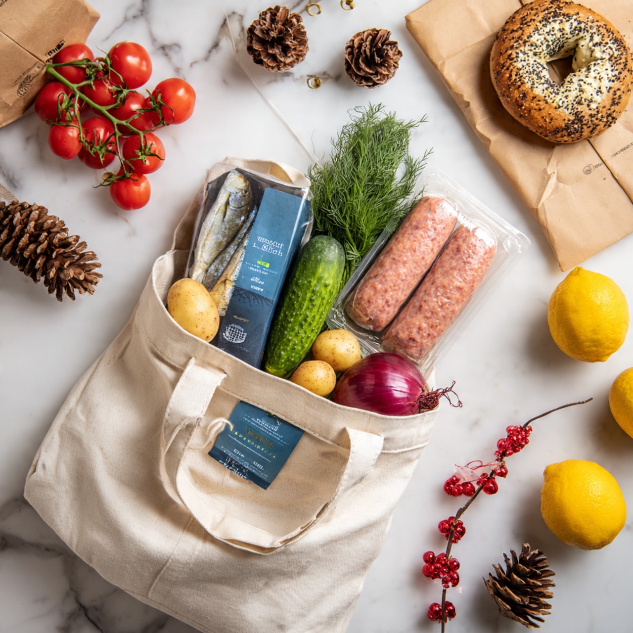 The image shows a white Whole Foods tote bag filled with fresh ingredients on a white marbled surface. Inside the bag, there is a dark blue package with smoked salmon shaped like a fish, fresh green dill, a small cucumber, a large purple onion, and light tan small potatoes. Next to the bag, on the surface, there is a package with two salmon sausages, and above the bag, a package with a pink salmon patty. On the upper left, there are small red cherry tomatoes still on the vine, and a light tan paper bag holding a seeded bagel with cream cheese and black pepper. On the upper right side, there are two yellow lemons, some pine cones, and small red round decorations tied with string. Photo taken with an iphone --ar 4:5 --v 7