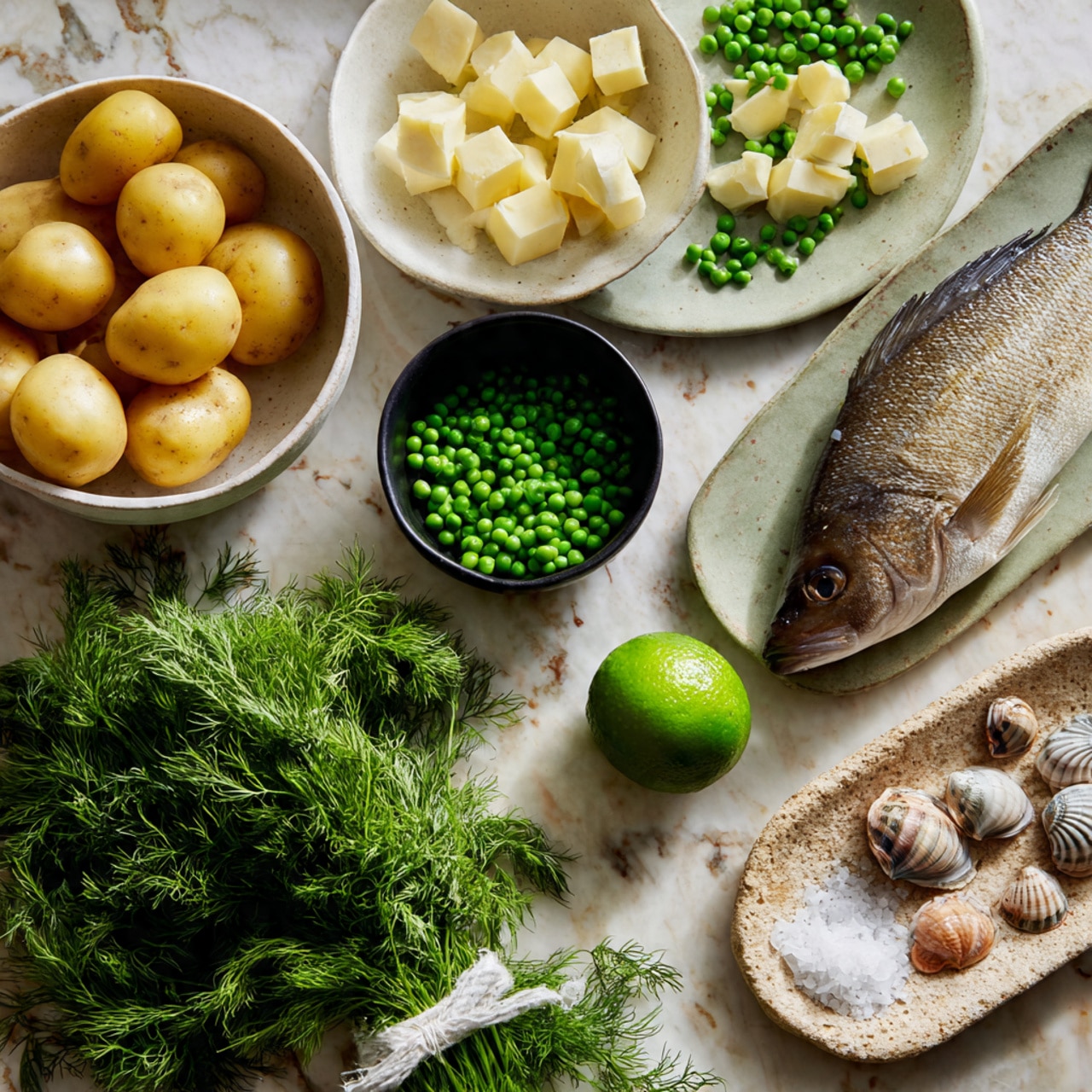The image shows a collection of ingredients arranged on a white marbled surface. There are small yellow potatoes placed in a white bowl on the left side. Next to it is a white bowl filled with small cubes of pale yellow butter. In the center, a white bowl contains small green peas. Above the peas, a pale sea-green plate holds a whole flat fish with a brownish, shiny texture. Below the fish, a black bowl contains a bright green lime. On the far bottom left is a bunch of fresh green herbs, including parsley and dill, tied with white string and resting on a rustic beige slab. On the right side, an elongated dish with a beige and brown texture contains white coarse salt, next to a few small, round seashells. The overall setup feels fresh and natural, with a soft light highlighting the textures and colors. Photo taken with an iphone --ar 4:5 --v 7
