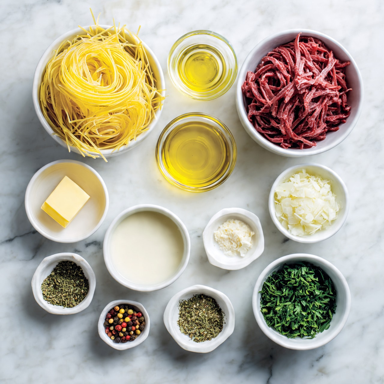 The image shows a white marbled surface with ten small white bowls and containers arranged neatly. The largest bowl on the top left holds uncooked yellow pasta noodles. To its right is a white bowl filled with thin strips of raw red meat. A small glass container with yellow olive oil is next to the pasta. Below the oil, there is a small white bowl with a square piece of butter. Next to it is another small white bowl filled with finely chopped white garlic. In the center, a small glass container holds a creamy white liquid. Around it, small white bowls have green dried herbs, white salt, mixed colorful peppercorns, and orange-brown sauce. Finally, a small white bowl at the bottom right contains fresh green chopped parsley. The photo taken with an iphone --ar 4:5 --v 7