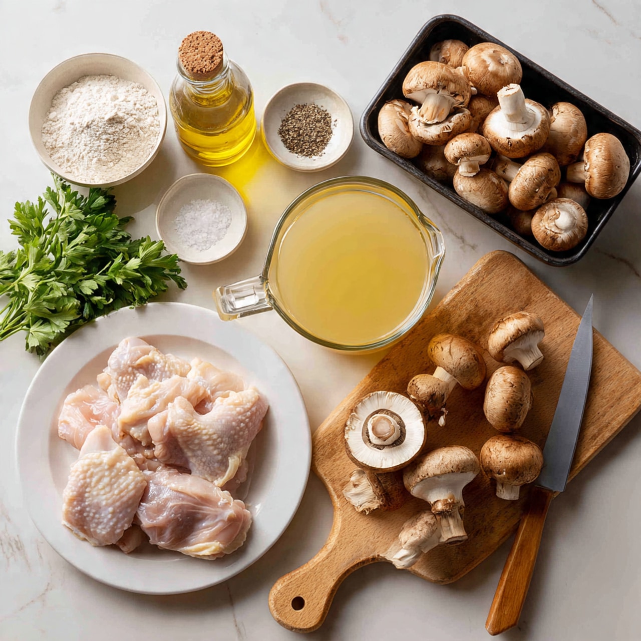 The image shows raw chicken pieces placed on a white plate on the left side, with a clear glass container of flour below the plate. To the right is a wooden cutting board with whole and half brown mushrooms and a small knife with a wooden handle. Above the board is a black plastic container filled with more brown mushrooms. In the middle is a clear glass jug filled with light yellow broth, and behind it is a bottle of olive oil and a glass bottle of vinegar. At the top are two small white bowls, one filled with salt and the other with pepper. Some fresh green parsley leaves are visible near the flour container. The surface is a white marbled texture photo taken with an iphone --ar 4:5 --v 7