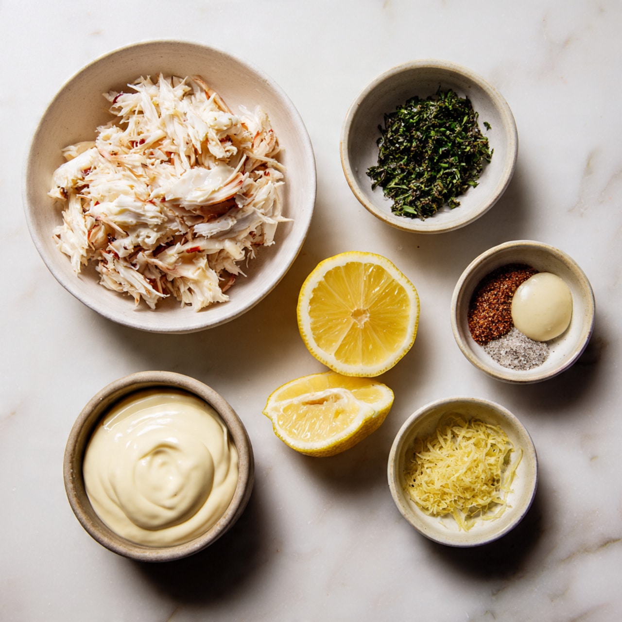 The image shows five small white bowls and two lemon halves arranged on a white marbled surface. The largest bowl in the center is filled with shredded white crab meat, showing flaky texture. To the top right, a small bowl contains dark green chopped herbs, a dollop of pale beige creamy sauce, and a small portion of grainy brown mustard. Below that, a lemon cut in half displays its bright yellow juicy inside. At the bottom right, another bowl holds lemon zest and small piles of two seasonings: one gray and one white, likely salt and pepper. On the bottom left, a bowl is filled with smooth, thick white mayonnaise. photo taken with an iphone --ar 4:5 --v 7