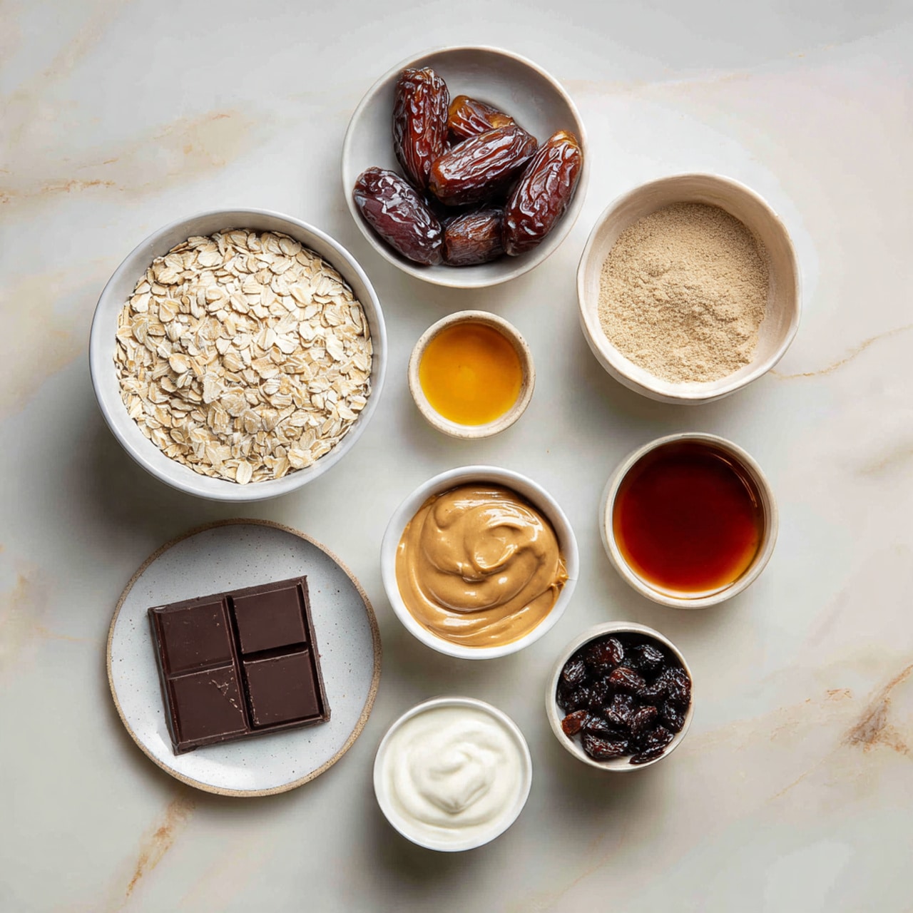 A top view of multiple white bowls and a white plate arranged on a white marbled surface, each holding different ingredients: one bowl filled with light beige rolled oats, another with dark brown dates, a small bowl with a light brown powder, a medium bowl containing smooth, tan-colored almond butter, a tiny bowl holding dark amber vanilla extract, a small white plate with three pieces of dark chocolate, a tiny bowl with coarse white salt, a bowl with creamy white yogurt, and a small bowl filled with dark raisins. photo taken with an iphone --ar 4:5 --v 7