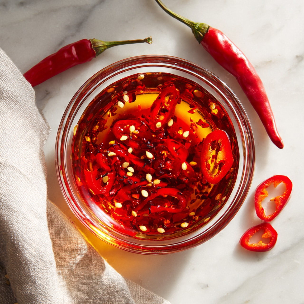 A clear glass bowl holds sliced red chili peppers floating in bright red chili oil, with visible chili seeds and flakes scattered throughout the oil. The bowl is placed on a white marbled surface, next to two whole red chilies and some sliced chili rings with seeds. A light-colored cloth is partially visible to the left of the bowl, adding a soft texture contrast to the smooth oil and fresh peppers. The scene is bright and clean with natural light highlighting the glossy oil and vibrant red peppers. photo taken with an iphone --ar 4:5 --v 7