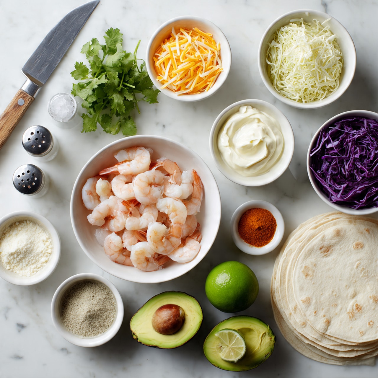 The image shows ingredients laid out neatly on a white marbled surface. In the center, there is a white bowl filled with raw shrimp. Surrounding it are smaller white bowls containing sliced shredded cheese, white sauce, cream cheese, purple shredded cabbage, flour, and various spices like chili powder, black pepper, and a small amount of orange powder. There are two halved avocados with green flesh, two green limes, and a stack of white tortillas to the lower right. A knife with a wooden handle is placed to the left with some fresh cilantro at the top left. In the bottom left corner, there are salt and pepper shakers close to the edge. The layout is clean and organized, showing everything clearly for a recipe preparation photo taken with an iphone --ar 4:5 --v 7