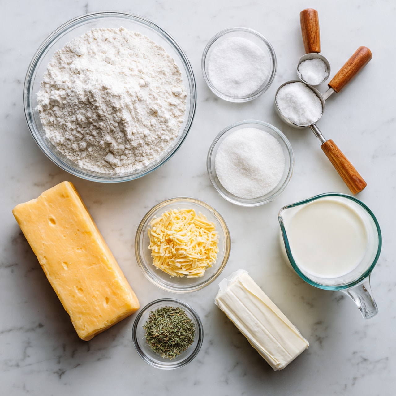 A flat lay of baking ingredients is arranged on a white marbled texture background. There is one large clear glass bowl filled with white flour on the top left, next to a small clear glass bowl of salt and two metal measuring spoons with wooden handles filled with light yellow powder and white sugar, respectively. To the right is a clear glass measuring cup filled with white milk, and below it is a stick of butter in white wrapping. At the bottom left is a large rectangular block of orange-yellow cheese. Near the butter are two small glass bowls, one with white powder and the other with green herbs and yellow powder. The arrangement is neat and evenly spaced, with natural lighting. Photo taken with an iphone --ar 4:5 --v 7