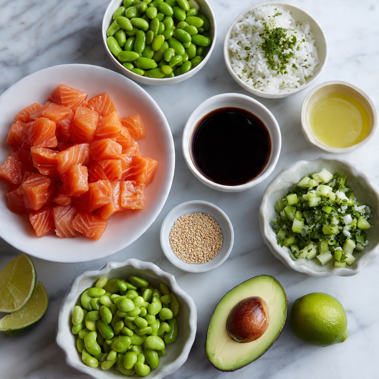 The image shows a large white bowl in the center filled with bright orange pieces of raw salmon. Around it are smaller white bowls with fresh green sliced avocado, chopped green cucumber, chopped green onions, and bright green edamame beans. Other small white bowls hold white rice mixed with herbs, dark soy sauce, honey, a red sauce, sesame seeds, and a light yellow liquid. Half a green lime and half an avocado with pit are on the white marbled surface, setting a fresh and clean food prep scene. Photo taken with an iphone --ar 4:5 --v 7