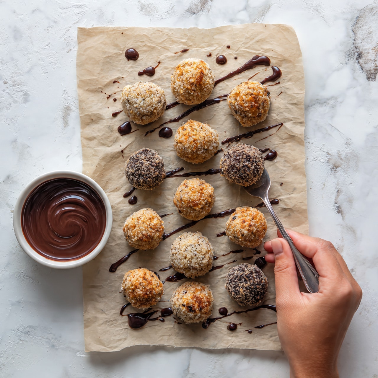 The image shows 15 small round dessert balls with a rough texture and a mix of light brown and dark brown colors arranged in three rows on a piece of light beige parchment paper. Thin lines and drops of dark chocolate sauce are artistically splattered around the balls, adding contrast and decoration. In the bottom left corner, there is a white bowl filled with smooth dark chocolate sauce, which has dripped slightly onto its edge. A woman's hand is holding a silver fork near the bottom right corner of the parchment paper, ready to interact with one of the dessert balls. The background has a white marbled texture. Photo taken with an iphone --ar 4:5 --v 7