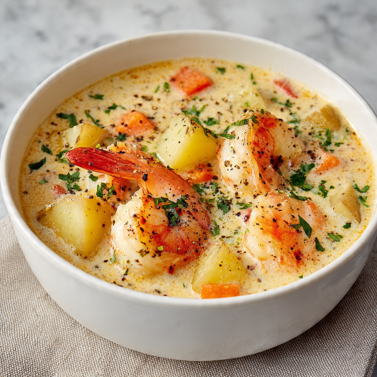 A white bowl filled with creamy chowder that has a thick, beige broth as the base layer, dotted with small green herbs and black pepper on top. Large pieces of shrimp with a bright orange and white color float throughout the soup, along with chunks of pale yellow potatoes and small bits of orange carrot. The texture is rich and smooth with a slight shine on the surface. The bowl rests on a neutral cloth with a white marbled surface in the background. photo taken with an iphone --ar 4:5 --v 7