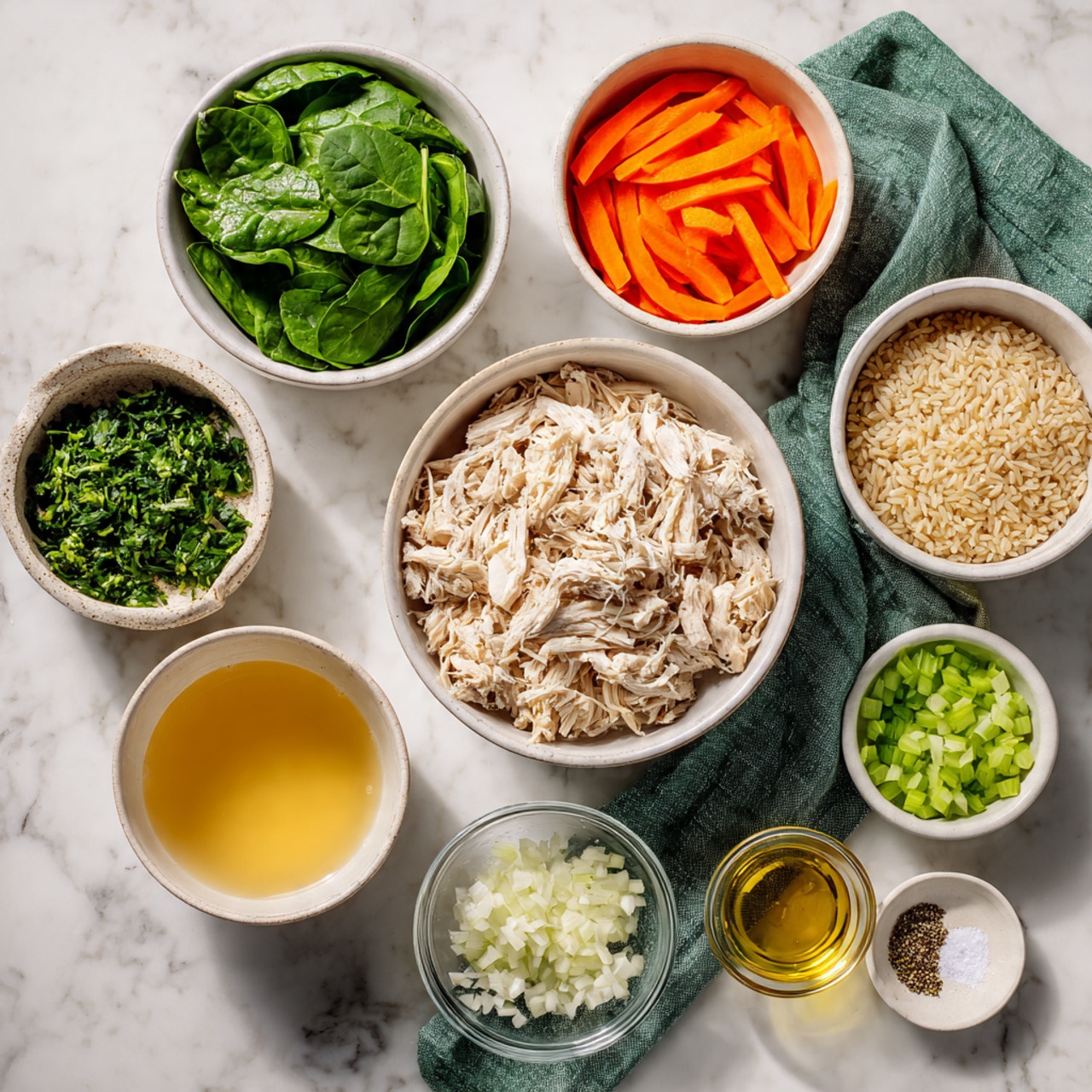 The image shows eight white bowls and one clear small bowl arranged neatly on a white marbled surface with a green and white cloth underneath. In the center is a bowl filled with shredded light beige cooked chicken. Above it, there is a bowl filled with bright orange carrot slices, and next to it on the right is a bowl filled with uncooked light brown rice. To the left of the chicken is a bowl filled with fresh, bright green chopped spinach leaves, and below that is a bowl filled with light yellow broth. Below the chicken, there is a small bowl of finely chopped white onions, and to the right bottom corner, a bowl with light green chopped celery. The small clear bowl near the top right contains white salt and dark green pepper, and next to it is a small bowl with golden yellow olive oil. Photo taken with an iphone --ar 4:5 --v 7