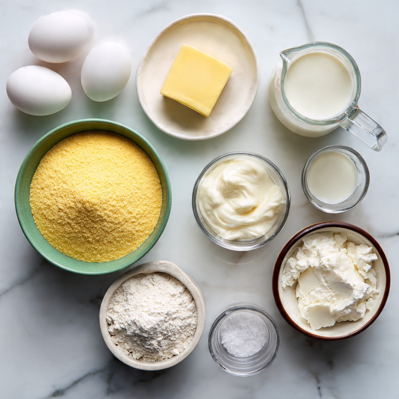The image shows a collection of baking ingredients placed on a white marbled surface. There is a green bowl filled with yellow cornmeal at the center. Surrounding it are two white eggs, a small white dish with a square of yellow butter, a glass measuring cup with clear water, a glass measuring cup with white milk, a small white bowl with a little cream or milk, a small brown bowl with white flour, and a small white bowl containing salt. All items are neatly arranged in a loose circle, viewed from above. Photo taken with an iphone --ar 4:5 --v 7