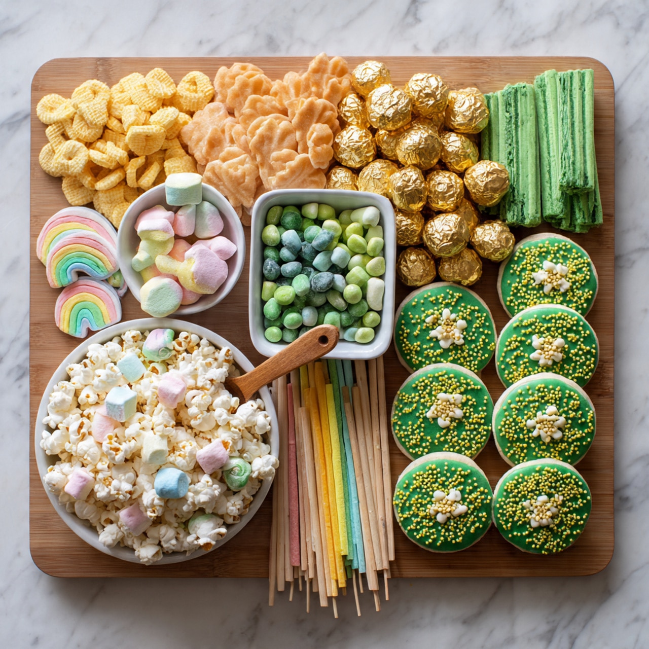 A large wooden board is filled with different colorful treats arranged in layers. At the bottom left, a white bowl holds popped popcorn mixed with pastel rainbow and flower-shaped marshmallows. To the right of the bowl, there are green wafer sticks with a creamy texture. Above the bowl, golden chocolate coins and wrapped round chocolates form a shiny golden cluster. Orange fortune cookies add a bright layer on top of the golden chocolates. Next to the fortune cookies, a small white square bowl holds green and light green candy-coated chocolates with a wooden spoon resting inside. Thin rainbow-colored gummy strips and green sugar rock stick candies on wooden skewers are scattered around. On the far right, a neat row of round sugar cookies with bright green frosting topped with yellow, white, and light green round sprinkles completes the board. The background is a white marbled surface. photo taken with an iphone --ar 4:5 --v 7