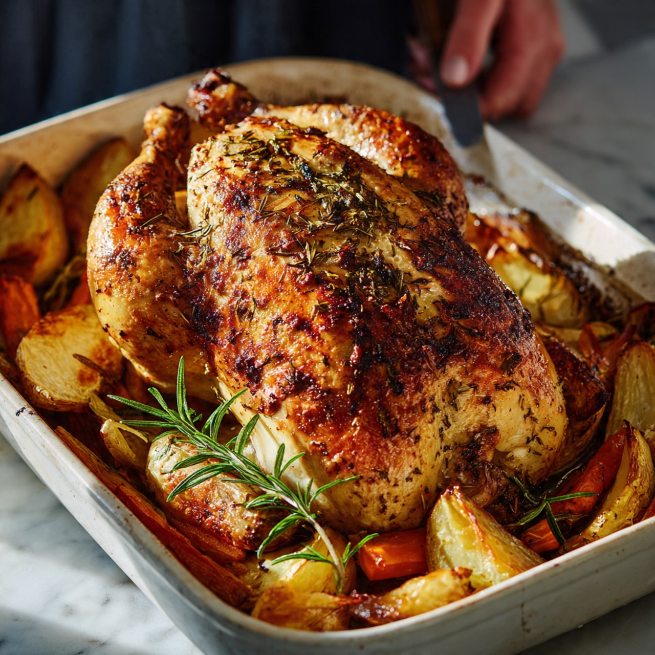 A whole roasted chicken with golden-brown, crispy skin seasoned with herbs sits in a white baking dish. Around the chicken, there are thick pieces of roasted potatoes, carrots, and parsnips, all slightly browned and tender looking. A sprig of fresh rosemary is placed on top of the vegetables near the chicken. The white marbled surface is visible around the baking dish, and a woman's hand holds a knife beside the dish. The lighting is warm and natural, showing the textures of the crispy skin and soft vegetables. Photo taken with an iphone --ar 4:5 --v 7