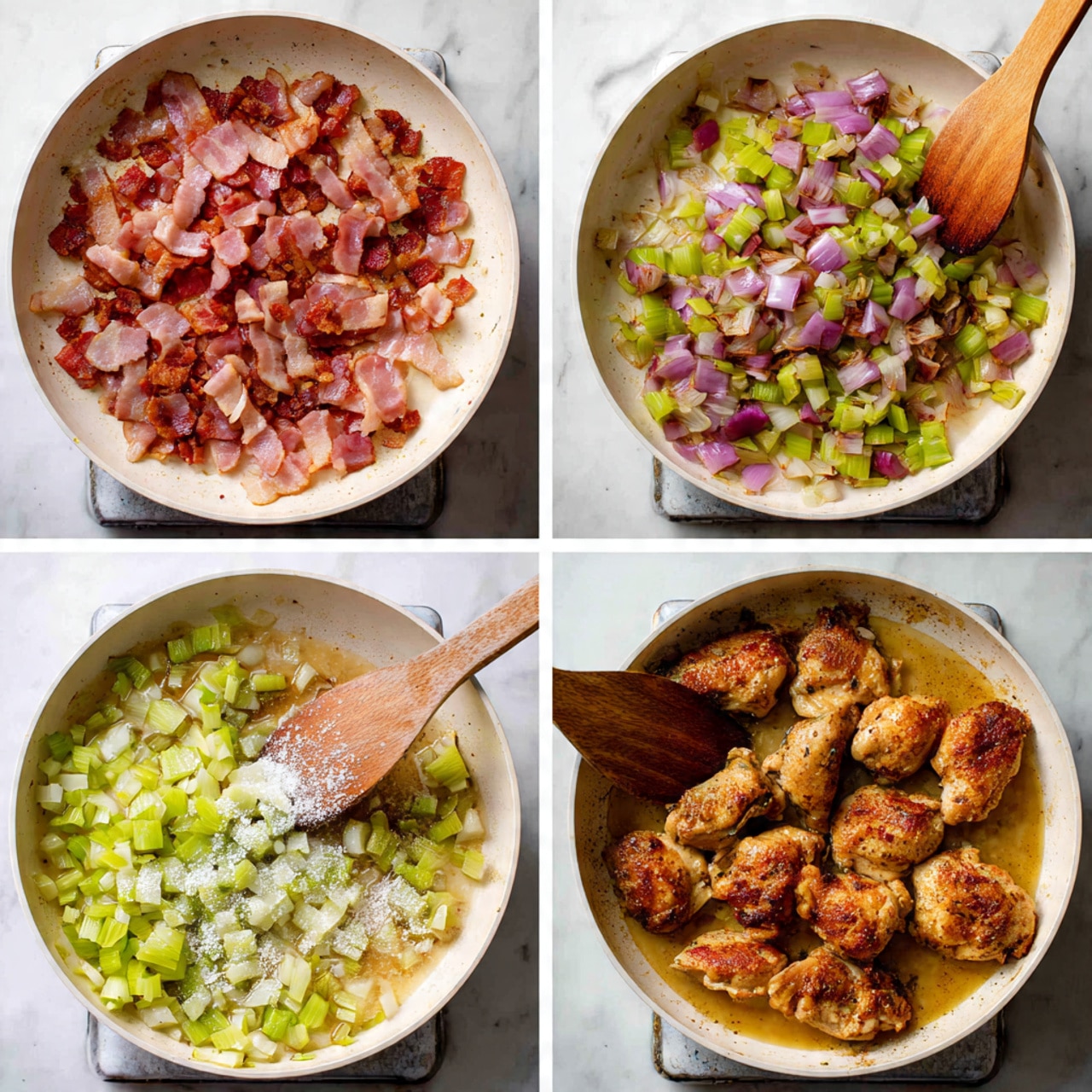 The image shows four stages of cooking in a white pan on a stove with a white marbled background. The top left part has one layer of cooked pink and brown bacon strips spread out evenly. The top right part shows a layer of chopped green celery and purple-red shallots scattered on top of the cooked bacon bits, moved gently with a wooden spatula. The bottom left part displays a soft, translucent mix of diced celery and shallots in one layer with a white powder sprinkled on top, and a wooden spatula mixing it gently. The bottom right part shows six browned chicken pieces, arranged to cover most of the pan's surface, with some cooked bacon strips placed on top, and a light golden broth surrounding the chicken. photo taken with an iphone --ar 4:5 --v 7