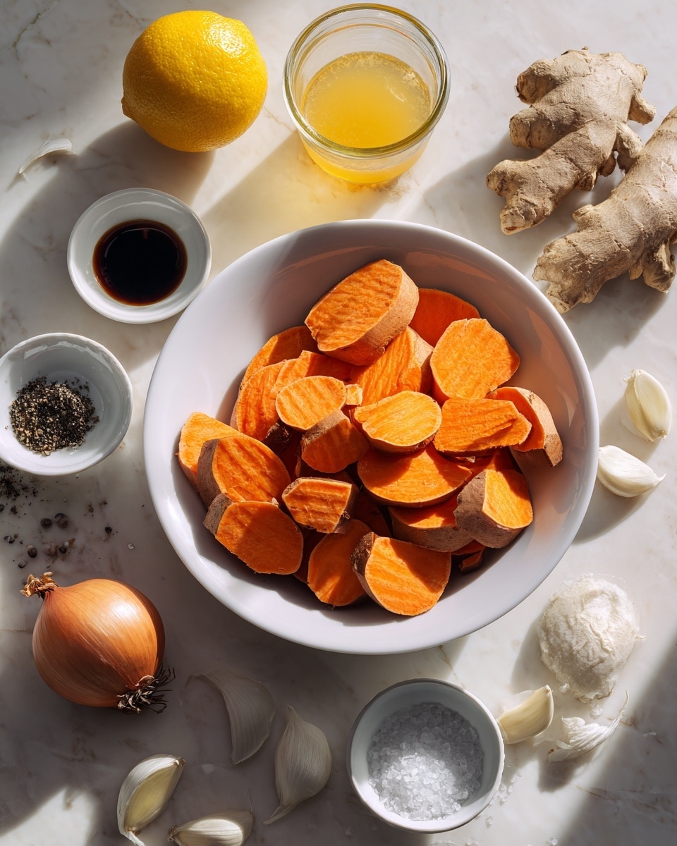 The image shows a white bowl filled with orange, ridged slices of sweet potato placed on a white marbled surface. Around the bowl, there is a whole yellow lemon, a whole brown onion, and three garlic cloves spread near a small jar of orange-yellow liquid, likely juice. Nearby, there are small white dishes with dark brown spices, black soy sauce or vinegar, and a tiny glass with light yellow liquid. A container of salt and a root of fresh ginger also sit on the surface. The arrangement is bright with natural light highlighting the fresh ingredients, photo taken with an iphone --ar 4:5 --v 7