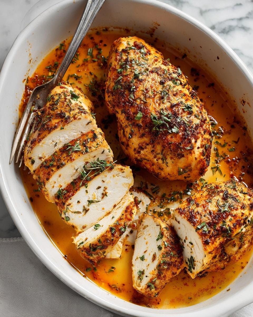 The image shows a white baking dish with three cooked chicken breasts inside. Two of the chicken breasts are sliced into thick, even pieces, revealing a white inside with a golden brown, spiced crust on the outside. The third chicken breast is whole, covered in a similar golden brown crust with some green herb sprinkles on top. The chicken sits in a shallow pool of orange-brown cooking juices, with some herbs sprinkled over the top. A silver fork is resting inside the dish on the left side. The dish is placed on a white marbled surface. photo taken with an iphone --ar 4:5 --v 7