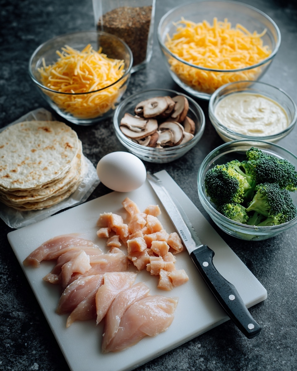 A white cutting board with a sliced raw chicken breast in light pink arranged in thin uniform pieces, a small pile of diced chicken next to it, and a small knife with a black handle resting on the board; behind the board is a whole white egg, a small clear glass bowl of mixed spices with powder in white, black, and orange tones, a larger clear glass bowl filled with shredded yellow cheese, another clear glass bowl with creamy white sauce, and a third clear glass bowl with green broccoli florets and sliced brown mushrooms; on the left side, a white wrapped pack of thin flat dough squares is partially opened, all placed on a dark textured counter with a white marbled texture for the background photo taken with an iphone --ar 4:5 --v 7