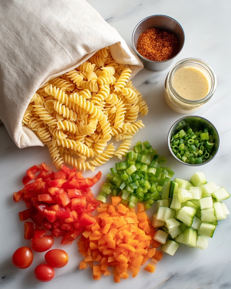 This image shows an open white bag of yellow spiral pasta laying on a white marbled surface with the pasta spilling out in the middle. In front of the pasta are six loose layers of chopped vegetables: bright red small diced bell pepper on the left, pale green chopped celery next to it, bright orange shredded carrot on the right, green cucumber chunks and slices to the far right, and two small bright red halved cherry tomatoes at the front edge. Behind the pasta are two small metal cups, one filled with a dry red-orange spice blend and the other with thin green sliced scallions. Next to these is a clear glass measuring cup with a beige creamy dressing and a green seasoning container labeled Salad Supreme on the right. The setup is neat and colorful with all items on a white marbled surface photo taken with an iphone --ar 4:5 --v 7