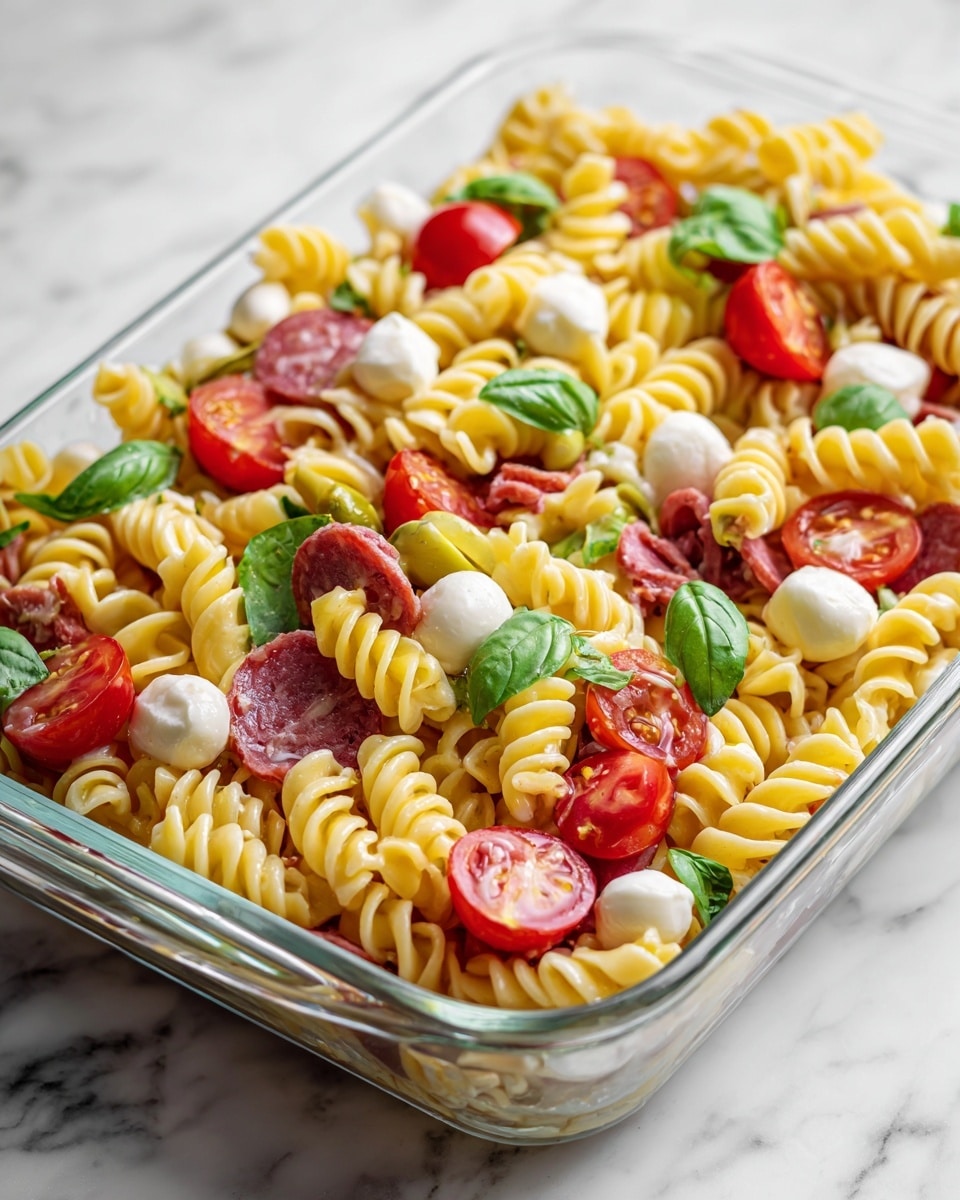 The image shows a white rectangular glass dish filled with a colorful pasta salad. The pasta is twisted rotini shapes in a light yellow color. Among the pasta, there are bright red cherry tomato halves, small white mozzarella balls, thin slices of green olives, and chunky pieces of red salami. Fresh green basil leaves are scattered on top and mixed in. The salad looks fresh with a mix of creamy, meaty, and vegetable textures. The dish is placed on a white marbled surface. Photo taken with an iphone --ar 4:5 --v 7