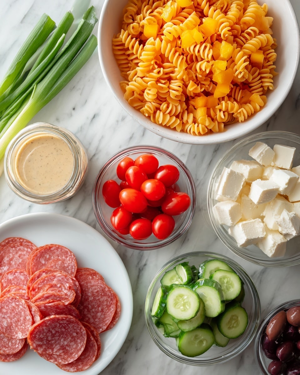 The image shows several small white bowls and plates arranged on a white marbled surface. One large white bowl contains orange spiral pasta as the top layer. Nearby, a white bowl is filled with bright red cherry tomatoes. Another white bowl holds light green cucumber slices with a fresh texture. A clear glass bowl contains chopped yellow bell peppers. There is a small white bowl with dark red sliced olives and a small clear bowl with white cheese cubes. A white plate holds several thin slices of pinkish-red salami with visible white fat flecks. Two green onions lie to the left side, and a small glass jar with a creamy beige dressing is placed near the center. Photo taken with an iphone --ar 4:5 --v 7
