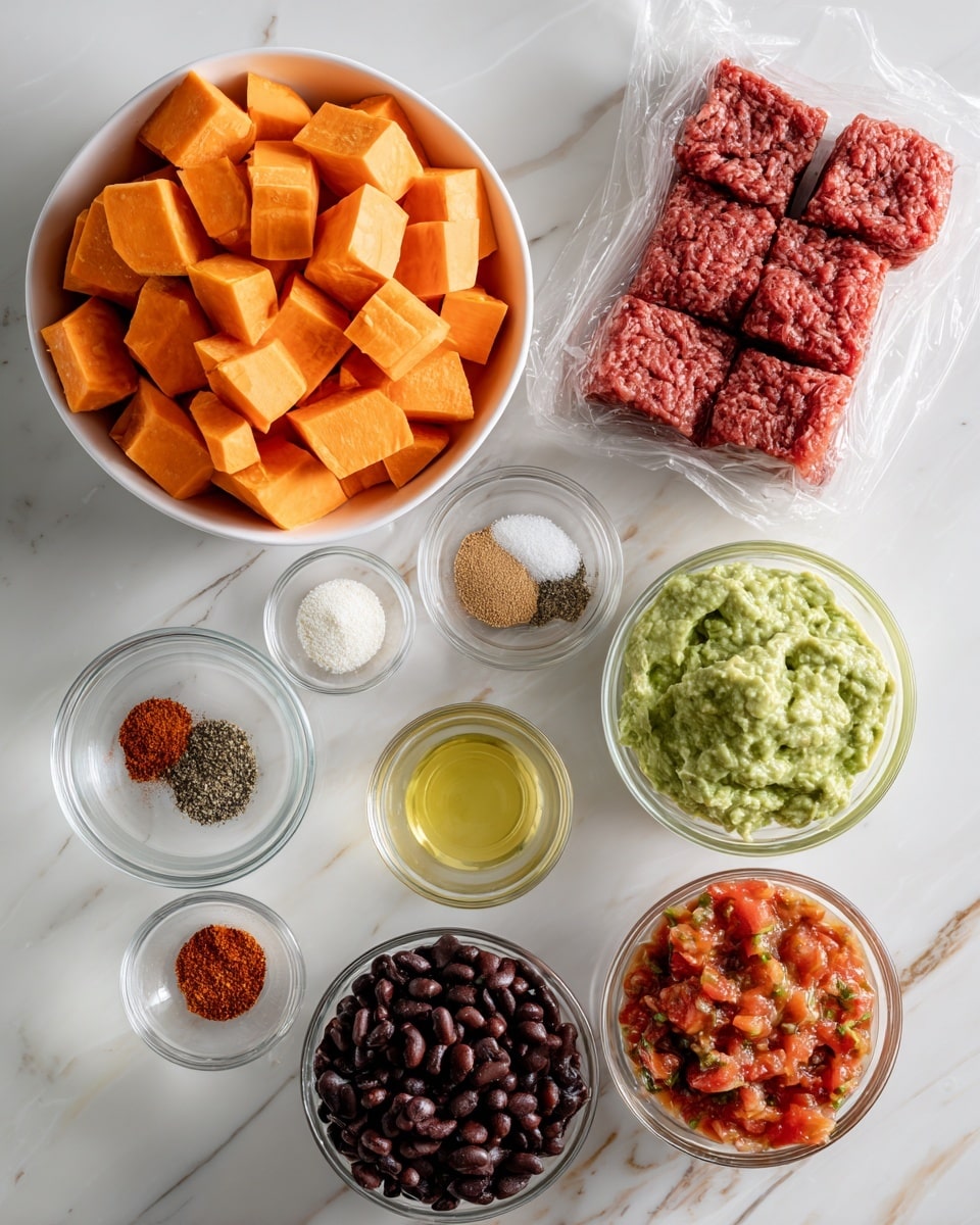 The image shows several ingredients arranged on a white marbled surface. At the top left is a large white bowl filled with bright orange cubed sweet potatoes. To the right is a sealed package of raw ground beef with red and dark red marbled texture, labeled. Below the sweet potatoes, there is a small clear glass bowl with a mix of spices in five sections: black pepper, salt, brown cumin, beige garlic powder, and reddish chili paste. Next to it on the right is a clear bowl filled with light green guacamole showing a smooth texture with small herb bits. Below is a small white bowl with light yellow oil. To the left is a small clear bowl with finely ground bright reddish-brown seasoning. Below this bowl is a white bowl filled with shiny black beans. On the far right bottom side is a translucent white bowl with chunky red and green salsa showing bits of tomato, onion, and pepper. photo taken with an iphone --ar 4:5 --v 7