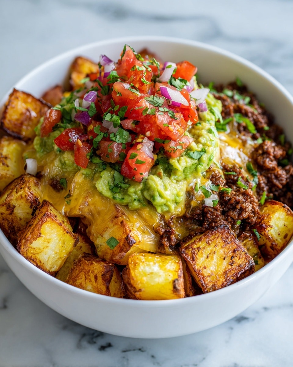 A white bowl filled with three clear layers shows a close-up of a food dish. The bottom layer consists of golden-brown roasted potato cubes with crispy edges. On top of that is a layer of browned ground meat mixed with melted yellow and white cheese that looks soft and slightly creamy. The top layer displays a colorful mix of fresh bright green guacamole and chopped red tomatoes with bits of purple onion and green herbs sprinkled throughout. The bowl sits on a white marbled surface. photo taken with an iphone --ar 4:5 --v 7