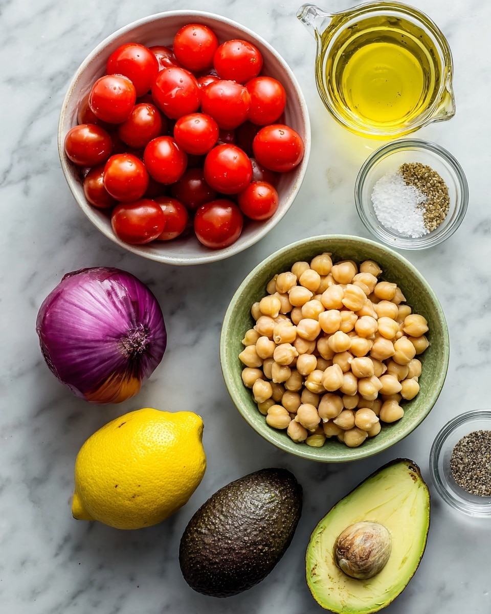 The image shows fresh ingredients on a white marbled surface: a white bowl filled with red grape tomatoes in the top left, a green bowl filled with light beige chickpeas in the bottom right, a whole dark green avocado and two avocado halves with bright green flesh and one seed near the center, a yellow lemon placed below the tomatoes, half a purple onion at the bottom left, a small glass pitcher of golden olive oil to the left, and two small clear glass bowls containing coarse salt and black pepper at the top right. The arrangement is neat and the colors are fresh and bright photo taken with an iphone --ar 4:5 --v 7