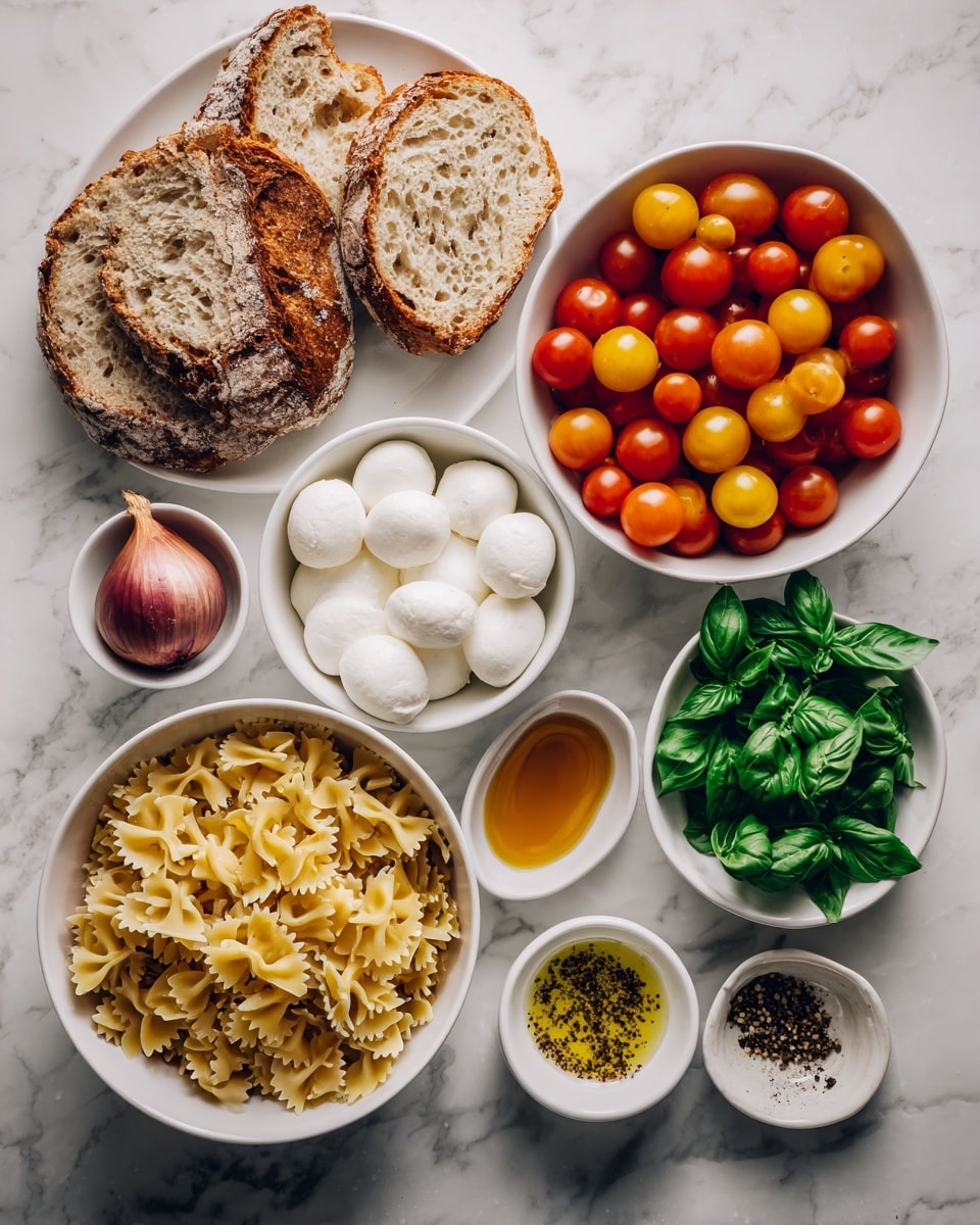 This image shows an arrangement of several white bowls and plates on a white marbled surface. There are two slices of crusty bread with a golden-brown crust and soft, airy inside on a white plate at the top left. A large white bowl full of round, small cherry tomatoes in red and yellow is placed to the right of the bread. Below the bread is a white bowl filled with uncooked farfalle pasta, showing its yellow color and bow shape. Nearby is a small bowl holding a reddish-purple shallot and three peeled garlic cloves. To the right and slightly below, a white bowl contains fresh green basil leaves with a smooth texture. Below the basil, another white bowl is filled with round, white mozzarella balls. Two small bowls, one with amber-colored liquid and the other with yellow olive oil sprinkled with black pepper, are at the bottom of the image. photo taken with an iphone --ar 4:5 --v 7