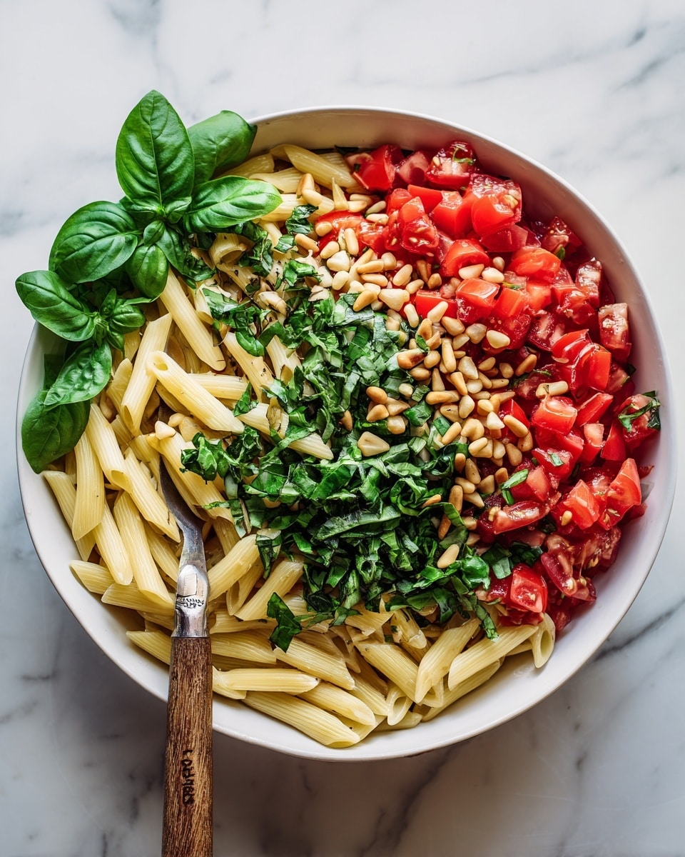 In a white bowl, there is a layered pasta dish with three main parts: the bottom layer is penne pasta, pale yellow with a smooth texture; the middle layer is bright red chopped tomatoes scattered evenly; the top layer has chopped fresh green herbs and toasted pine nuts, light brown and sprinkled all over. Around the edges of the bowl are several fresh dark green basil leaves. A wooden-handled fork is placed inside the bowl on the left side. The background features a white marbled surface. Photo taken with an iphone --ar 4:5 --v 7