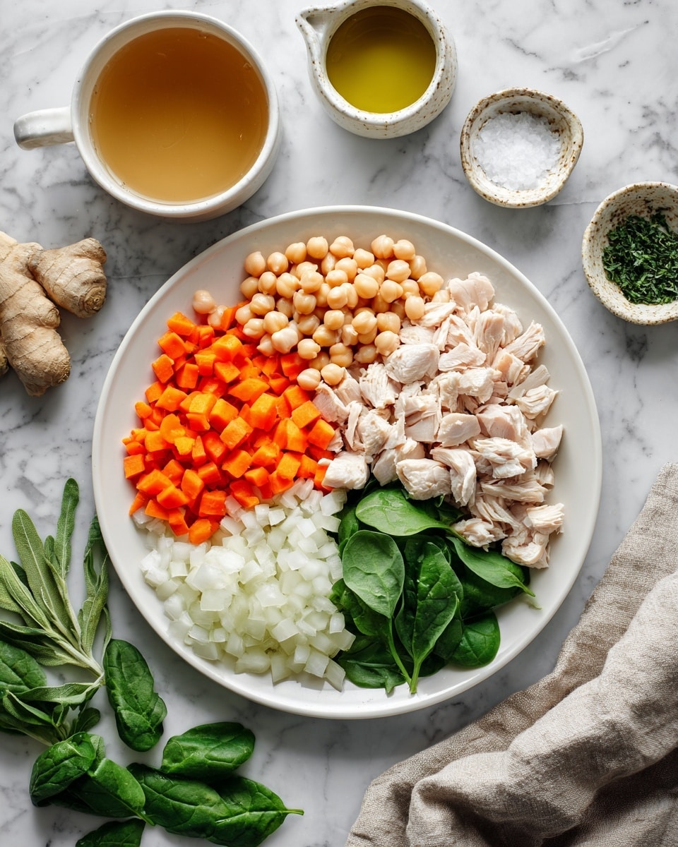 A white plate holds four sections with finely diced cooked chicken, chopped white onions, peeled carrot chunks, and whole cooked chickpeas, all arranged side by side in a circular pattern. Around the plate on the white marbled surface are small bowls filled with light brown broth, fresh green spinach leaves, olive oil, and a small white bowl of salt. Fresh herbs and some ginger slices are also laid out nearby, completing the mix of ingredients for preparing a wholesome dish. Photo taken with an iphone --ar 4:5 --v 7