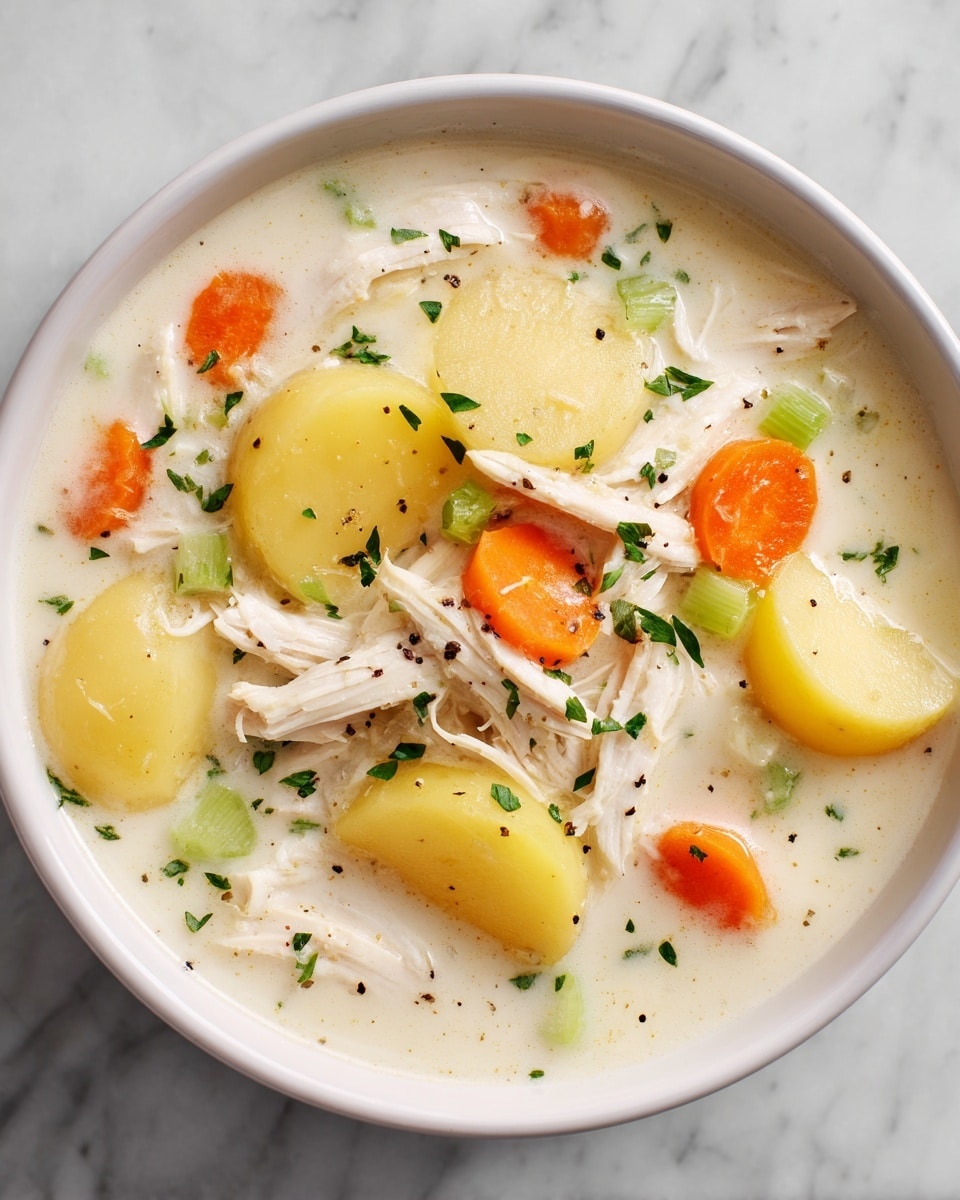 A white bowl filled with creamy chicken soup shows three main layers: an off-white broth with smooth texture, shredded white chicken pieces scattered evenly on top, and round slices of light yellow potatoes along with orange carrot slices and small green celery pieces mixed throughout. The soup surface has tiny specks of black pepper and chopped green herbs sprinkled lightly, all presented on a white marbled texture background. photo taken with an iphone --ar 4:5 --v 7