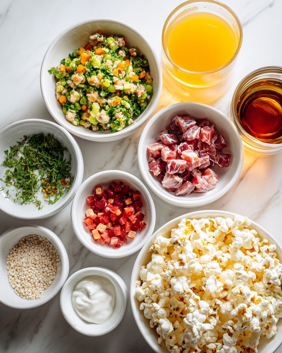 The image shows seven white bowls arranged on a white marbled surface. The top left bowl has a colorful mix of green herbs and small orange pieces, with a light texture. To its right, there is a glass filled with bright orange liquid and next to it a glass with a dark brown liquid. In the middle right, a large white bowl holds small, bite-sized chunks of red meat. Below to the left, a small white bowl contains white grains. Below it, another small white bowl holds bright red diced pieces. Next to it, a small white bowl is filled with white creamy yogurt. At the bottom right, a large white bowl is full of popped white and yellow popcorn pieces with some green seasoning mixed in. photo taken with an iphone --ar 4:5 --v 7
