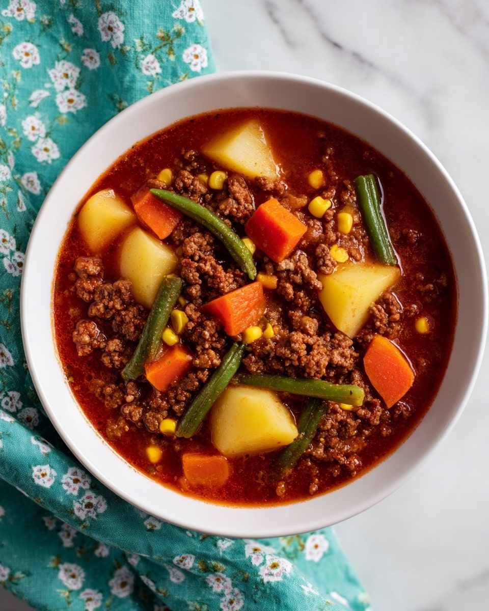 A white bowl filled with a thick stew showing layers of brown cooked ground meat, bright orange carrot cubes, whole green beans, yellow corn kernels, and light yellow potato chunks all mixed in a deep reddish-brown broth. The vegetables and meat are evenly spread on top, giving the stew a colorful and hearty look. The bowl sits on a white marbled surface with part of a teal cloth with small white and green flower patterns visible at the side. photo taken with an iphone --ar 4:5 --v 7