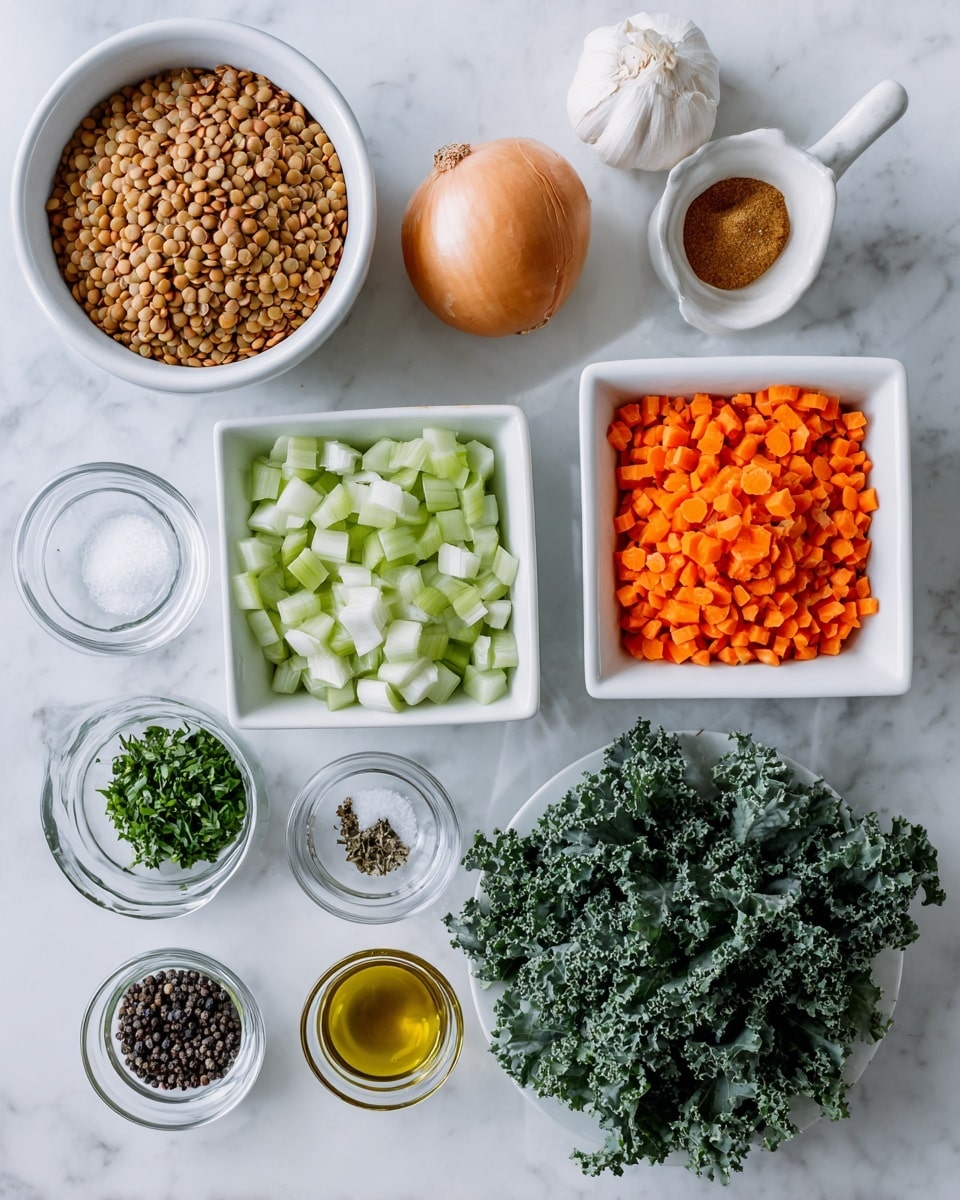 The image shows various ingredients placed neatly on a white marbled surface. There is a large white bowl filled with light brown lentils in the top left corner and a similar sized bowl filled with finely chopped orange carrots in the top right corner. Below the lentils bowl, there is a white square bowl with diced green celery. Near the center, a whole light brown onion and two garlic cloves sit next to small white bowls containing golden olive oil and a brown spice. Towards the bottom right, a large white plate holds dark green leafy kale. Clear glass containers with black peppercorns and white salt are placed among the ingredients. A small white bowl in the middle contains freshly chopped green herbs. Photo taken with an iphone --ar 4:5 --v 7