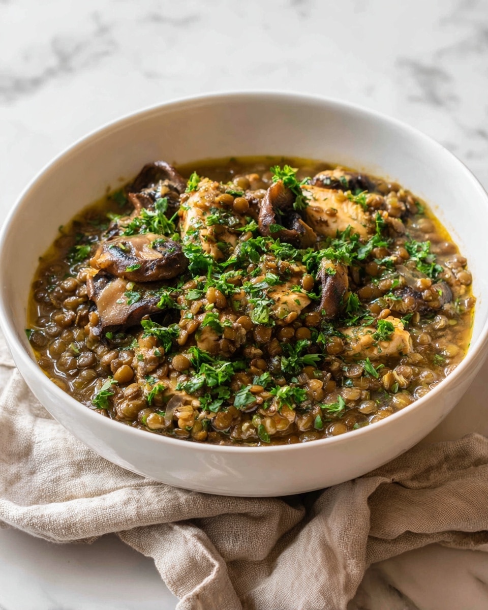 A white bowl filled with a layered lentil soup featuring greenish-brown lentils, small dark mushrooms, and pieces of light brown chicken, all mixed together in a slightly thick broth. On top, there are sprinkles of fresh chopped green herbs like parsley or cilantro, adding bright green colors scattered across the surface. The bowl sits on a white marbled surface with a beige cloth napkin visible underneath one side. The lighting softly highlights the textures of the lentils, mushrooms, and herbs, making the dish look warm and hearty photo taken with an iphone --ar 4:5 --v 7
