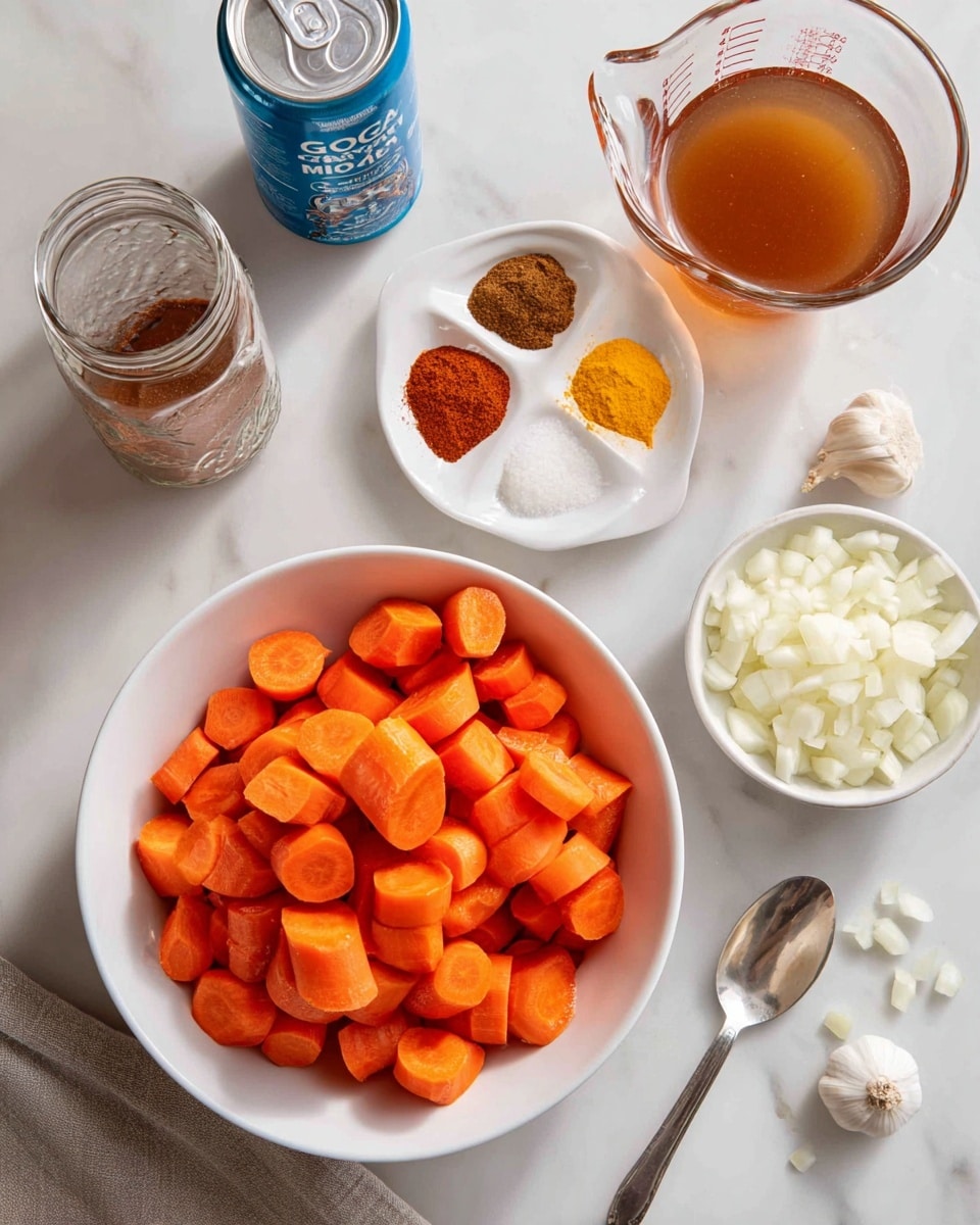 A round white bowl filled with bright orange, cut carrots takes the center of the image on a white marbled surface. Above the bowl, there is a small white dish containing five different spices in separate sections: red, yellow, light brown, white, and dark brown powders. To the left of the bowl, a blue can of Goya coconut milk and a glass jar of acacia honey appear. To the right, a clear glass measuring cup with a warm brown liquid is shown. At the bottom right corner, a white jar of organic virgin coconut oil is partially visible, along with a small bowl of chopped white onions, peeled garlic cloves scattered on the surface, and a metallic spoon holding minced garlic, all placed on the white marbled texture background. Photo taken with an iphone --ar 4:5 --v 7