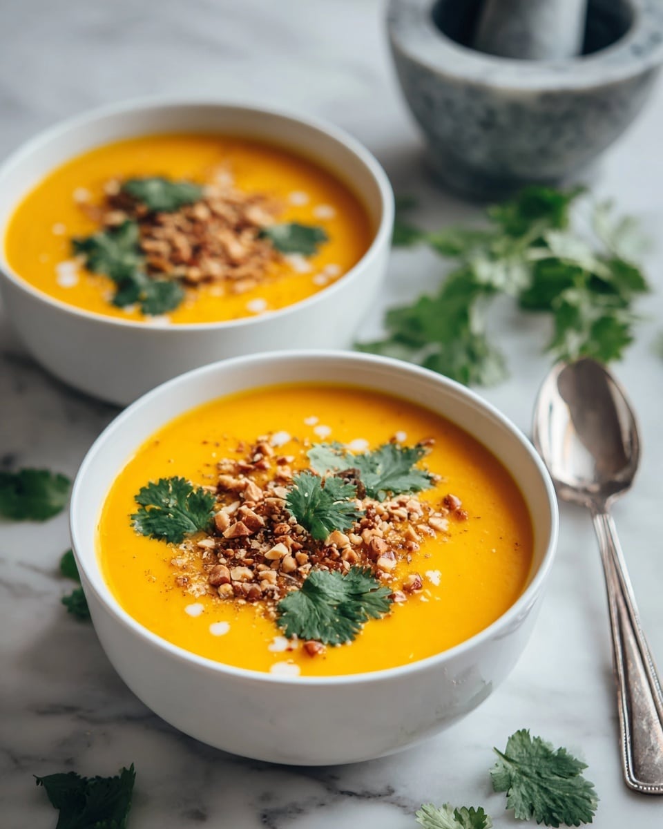 Two bowls with bright orange soup have a smooth and creamy texture. Each bowl is topped with a layer of crushed light brown nuts and fresh green cilantro leaves placed on top. The bowls are white and sit on a white marbled surface. In the background, there is a marble mortar and pestle with gray veins, and some green cilantro sprigs are scattered around. A silver spoon lies next to the nearest bowl. photo taken with an iphone --ar 4:5 --v 7