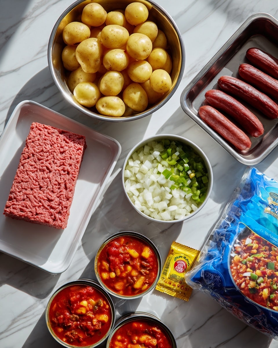 The image shows several bowls and containers with cooking ingredients arranged neatly on a white marbled surface. In the top left, a silver bowl is filled with small yellow potatoes, each cut in half, showing their smooth cream-colored inside. Next to it on the right, another silver bowl holds thick slices of dark sausage with a firm, slightly shiny texture. Below these bowls, a rectangular white tray contains a block of raw ground meat with visible texture lines. In the center, a round white bowl is filled with chopped white onions and green bell peppers, both finely diced. To the right of this bowl, a blue bag of frozen mixed vegetables sits upright. Below all of these are three open cans with visible tomato stew or chili inside, showing a rich red and orange sauce with chunks of tomatoes and beans. Between the cans and the vegetables lies a small yellow packet of original taco seasoning mix. The lighting is bright and natural, highlighting the colors and textures of the fresh ingredients. Photo taken with an iphone --ar 4:5 --v 7