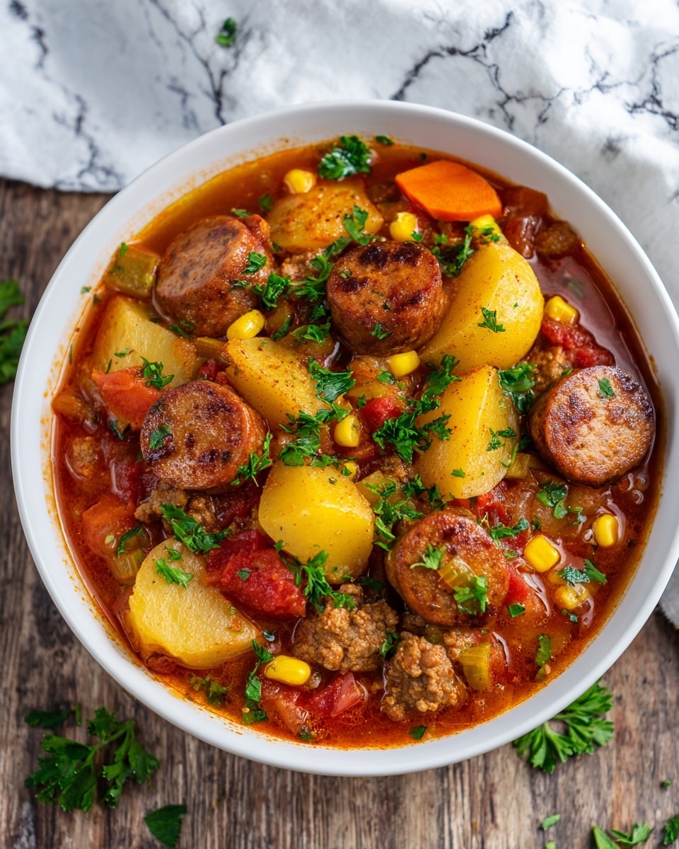 A white bowl filled with a rich stew shows layered ingredients including thick slices of browned sausage scattered on top, chunks of yellow potatoes, orange carrot pieces, corn kernels, brown ground meat, and small bits of tomato, all mixed in a hearty reddish broth, garnished with chopped fresh green parsley. The bowl sits on a wooden surface with a white marbled texture background partially visible. Photo taken with an iphone --ar 4:5 --v 7