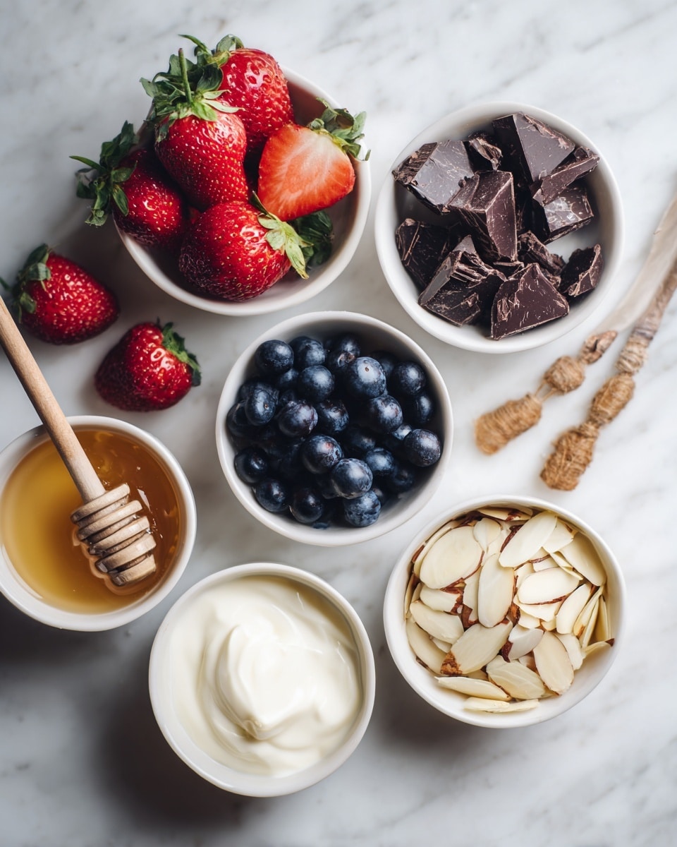 The image shows seven small white bowls arranged over a white marbled surface. One bowl holds fresh whole strawberries with one cut in half, bright red and juicy. Another bowl contains plump, dark blueberries. There is a bowl filled with dark chocolate chunks, rough and uneven. A small bowl has golden honey with a wooden honey dipper resting on top. Another bowl is filled with smooth, white yogurt. The last bowl contains sliced almonds, light beige and thin. The lighting is soft and natural, highlighting the fresh textures and colors of each ingredient. Photo taken with an iphone --ar 4:5 --v 7