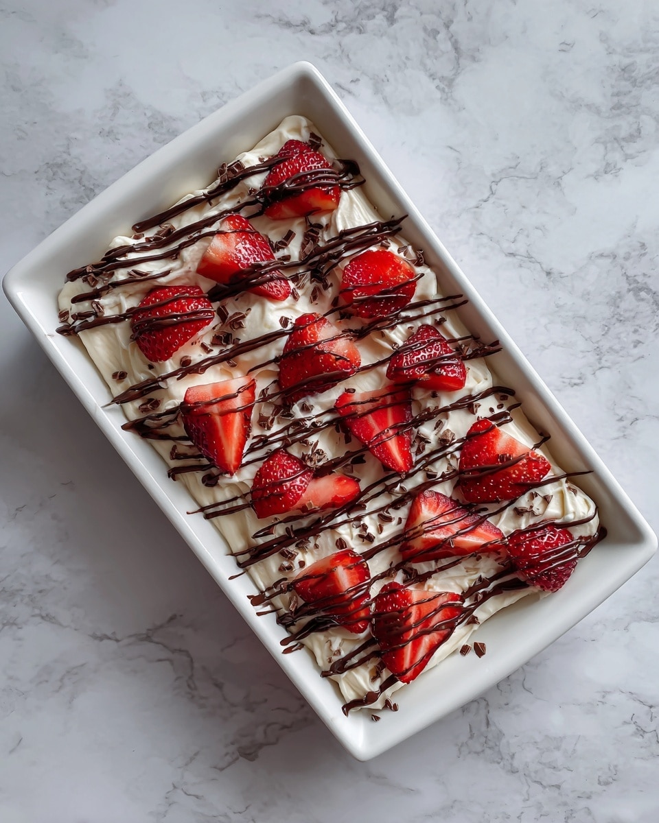 A white rectangular tray filled with a creamy light brown spread layer topped with small bright red strawberry slices scattered evenly on top. Thin dark brown lines of chocolate drizzle are artistically spread in a crisscross pattern across the full surface. The background is a white marbled texture. photo taken with an iphone --ar 4:5 --v 7