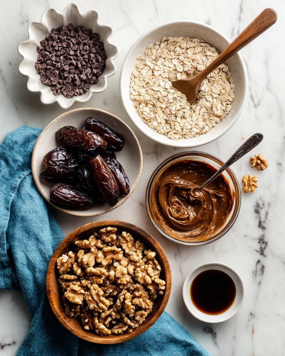 The image shows several bowls with different ingredients on a white marbled surface. At the top right, there is a white bowl filled with fine oats and a wooden spoon partially buried inside. At the top left, a white scalloped bowl contains small dark chocolate chips. Below the chocolate chips, there is a white bowl holding several dark, shiny dates. At the bottom right, a clear glass bowl has a thick almond butter with a spoon in it. Next to it, a small white bowl holds a little dark liquid, likely vanilla extract. At the bottom center, a wooden bowl is filled with roughly chopped walnuts. A blue cloth napkin is draped under some of the bowls. Photo taken with an iphone --ar 4:5 --v 7