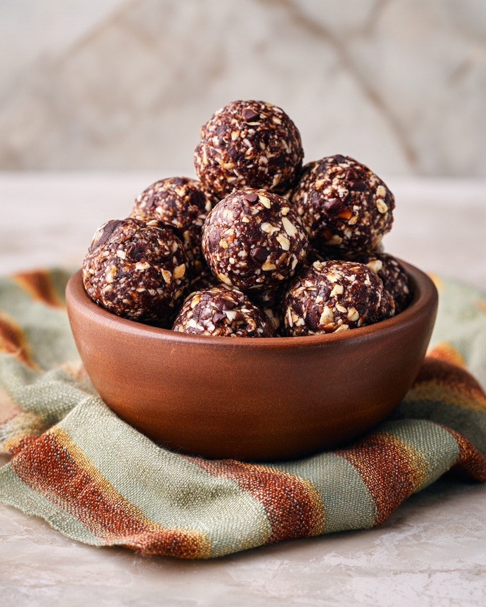 A round brown bowl filled with dark brown energy balls made of oats, chocolate chips, and pieces of nuts, showing a rough texture with visible oats and chocolate bits on each ball. The bowl sits on a soft cloth with wavy stripes in light green, brown, and orange colors. The background has a white marbled texture. photo taken with an iphone --ar 4:5 --v 7