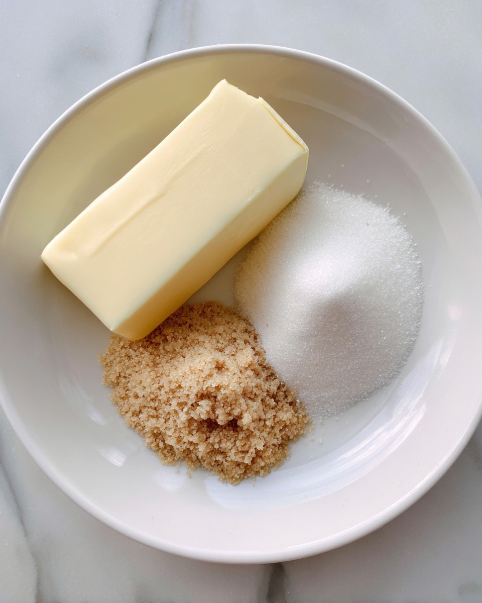 A white bowl sits on a white marbled surface and contains three main ingredients in separate piles: a block of pale yellow butter on the left, a small mound of light brown sugar in the top right, and a small heap of white sugar in the bottom right. The bowl is smooth and plain, with a rounded edge. photo taken with an iphone --ar 4:5 --v 7