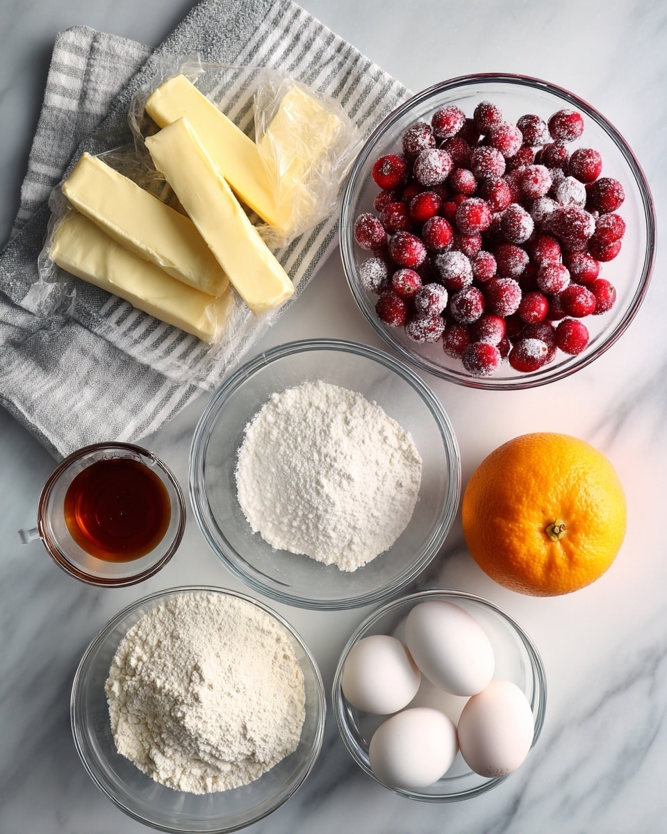 The image shows a top view of baking ingredients on a white marbled surface. At the top right, a clear glass bowl holds bright red cranberries with a frosty look. To the top left, two sticks of unsalted butter wrapped in pale yellow paper rest on a gray and white striped cloth. Below the cranberries, a glass measuring cup filled with white sugar is placed next to a small clear bowl with brown vanilla extract. To the bottom left, a round clear bowl is filled with white flour, and next to it is another clear bowl holding three white eggs. At the bottom right, there is a bright orange orange fruit. All items are arranged neatly without clutter. Photo taken with an iphone --ar 4:5 --v 7